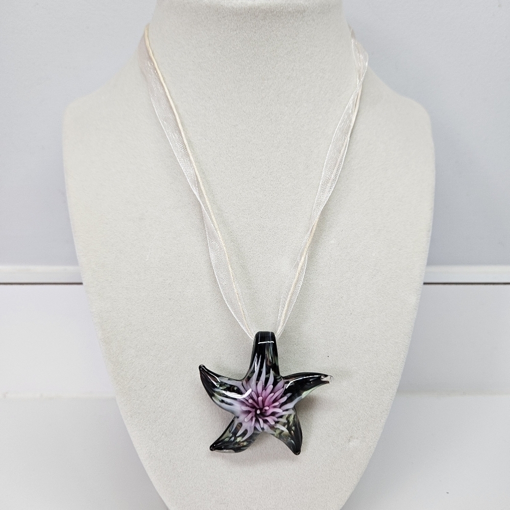 Glass Pink Sea Urchin Starfish Pendant Necklace